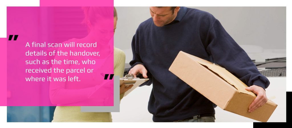 Recipient checking and signing for a tracked parcel delivery after driver's barcode scan