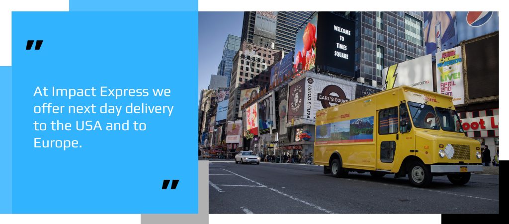 DHL van making an express shipping speed delivery in New York City